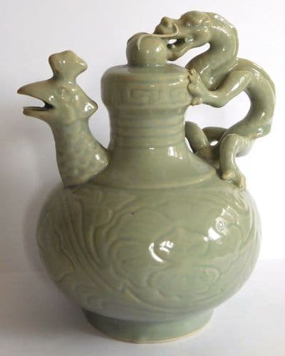 Celadon incense burner koro peacock dragon Chinese Oriental ceramic 14 cm